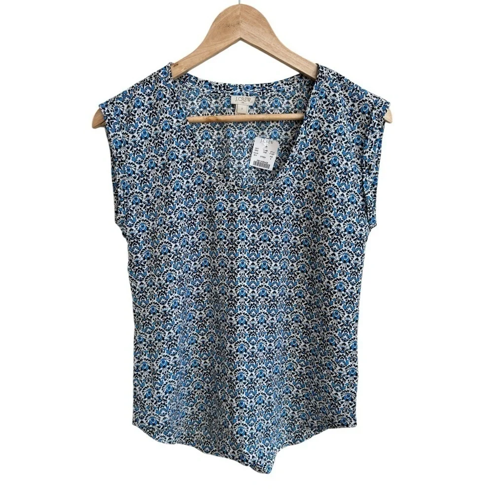 J Crew Blue Foulard Print Cap Short Sleeve Scoop Neck Womens Size 0 Pullover NEW